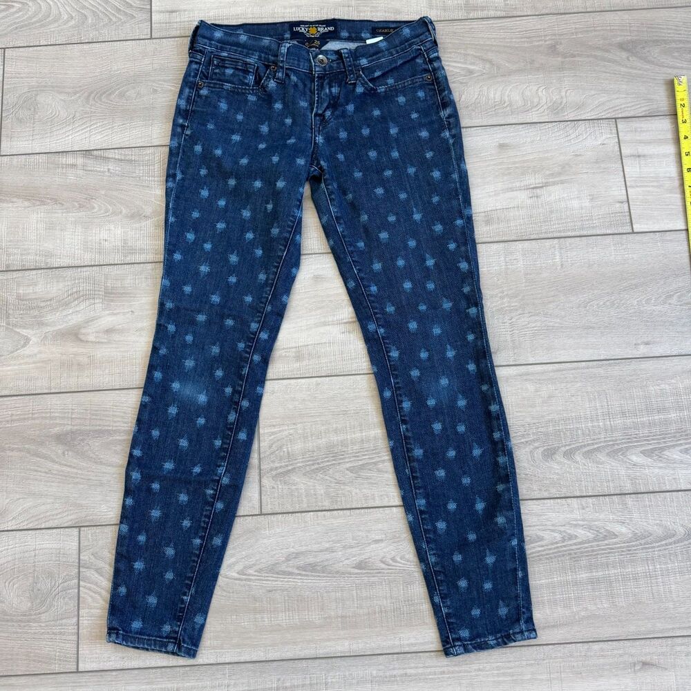 Lucky Brand Charlie Dark Blue Polka Dot Patterned Skinny Jeans Women, size 0/25"